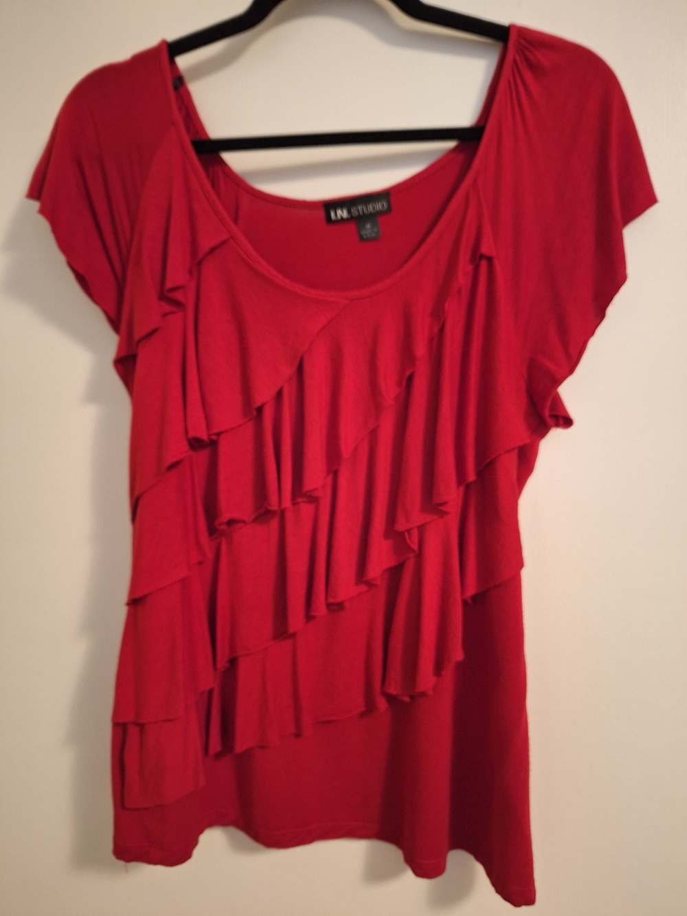I.N. Studio Red Short-Sleeve Ruffle Front Top - Picture 2 of 5